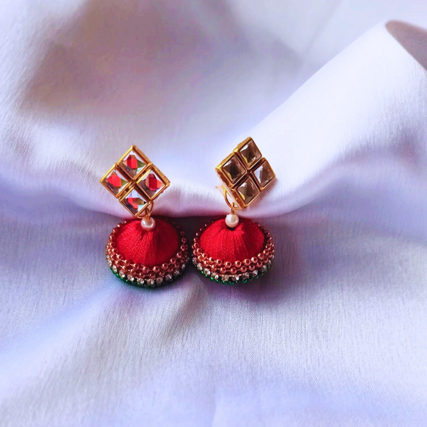 Silk Thread Jewellery: Red Silk Thread Jhumka Pareepurna