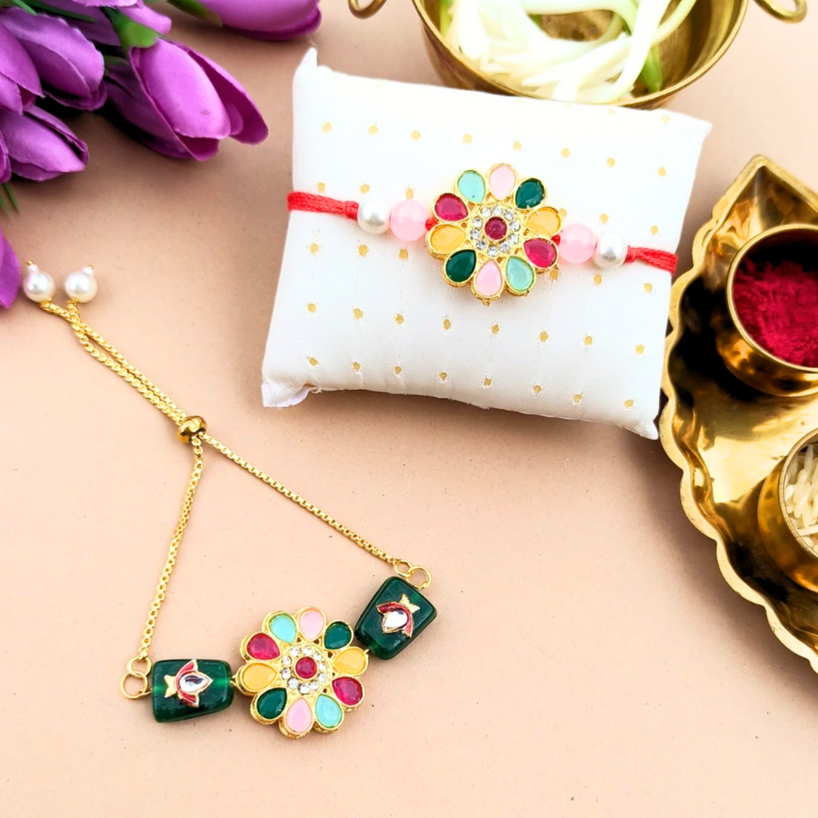 Flower Kundan Couple Rakhi