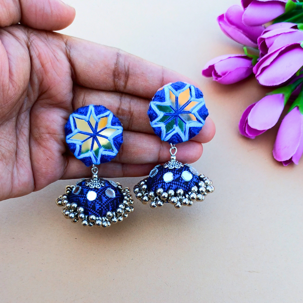 Blue Mirror Jhumka Earrings