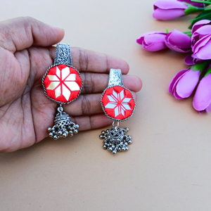 Red Oxidised Mirror Jhumka