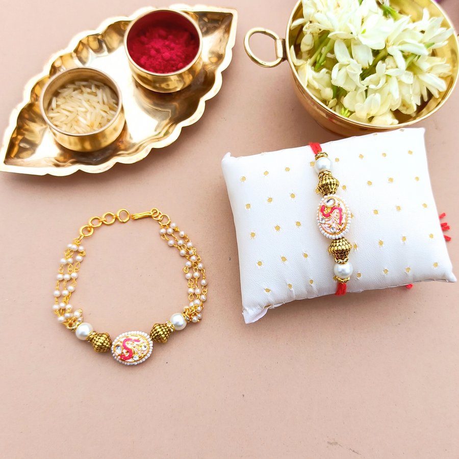 Pink Stone-Pearl Couple Rakhi