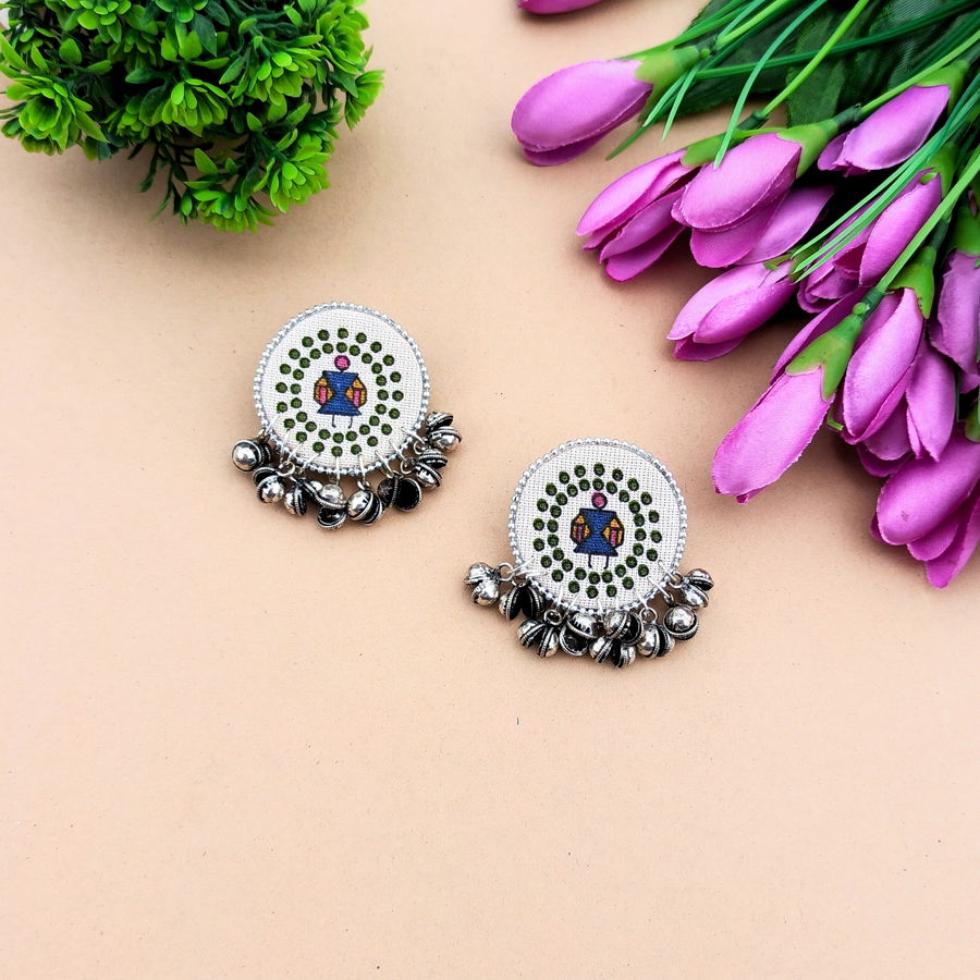 Warli Print Oxidised Ghungroo Earrings