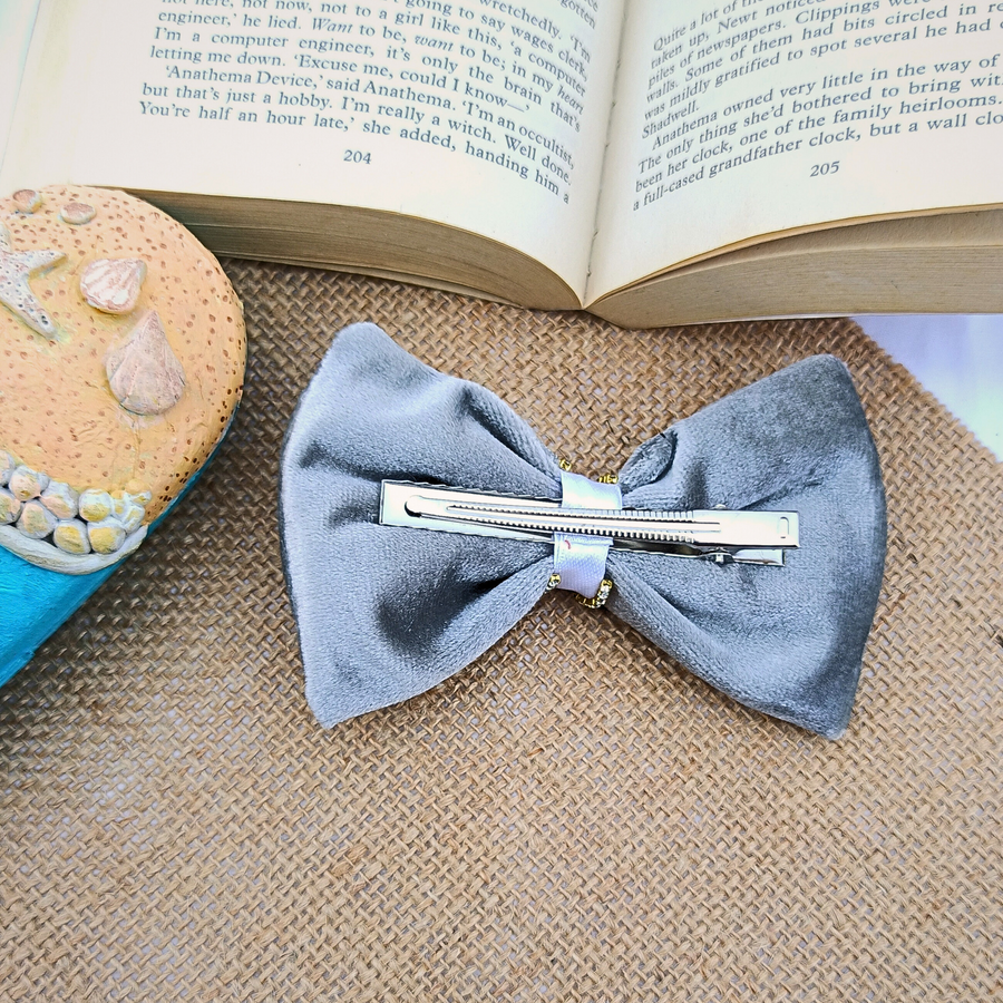 Gray Velvet Bow Hair Clip