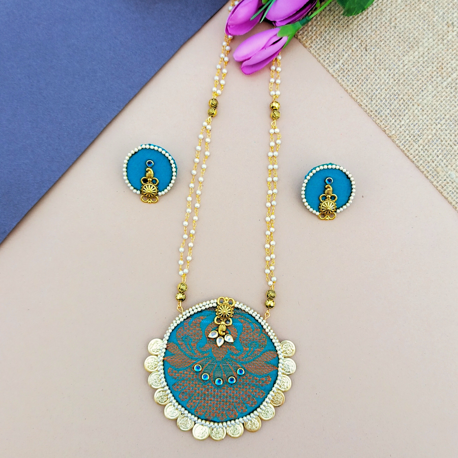 Blue Silk Copper Zari Long Necklace